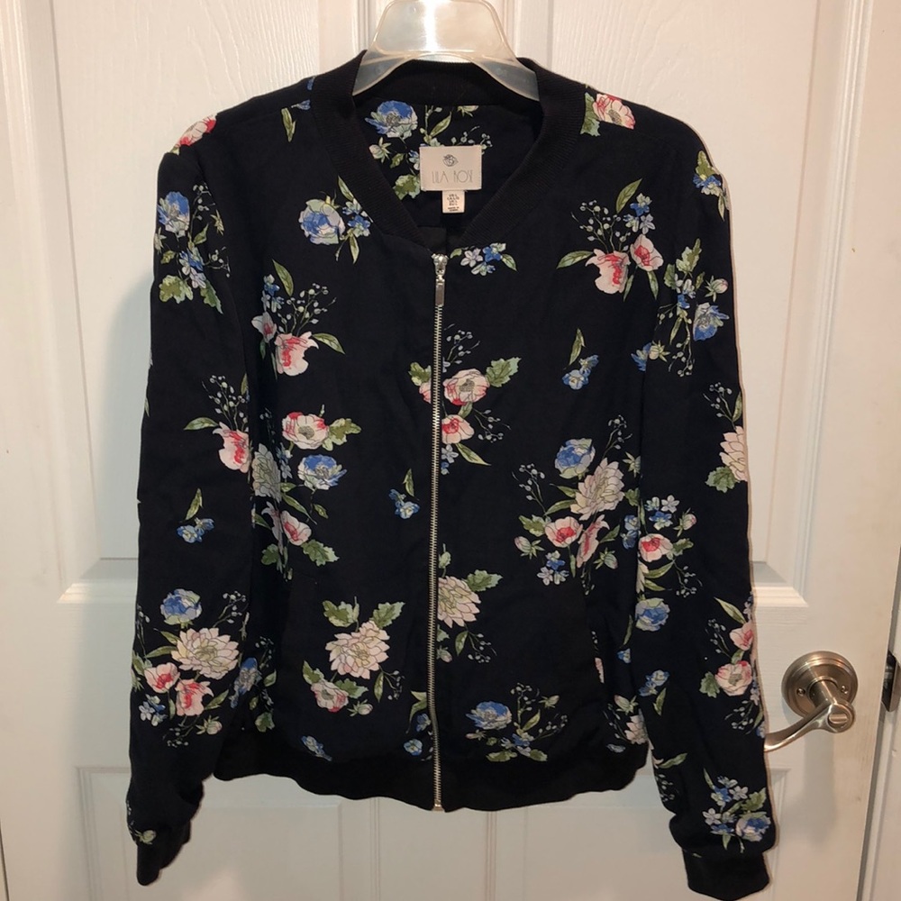 LILA ROSE navy blue flower print bomber
